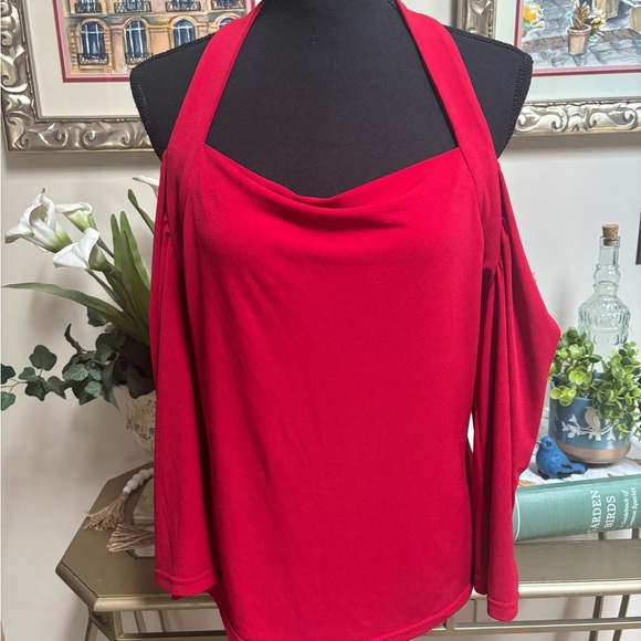 JOSEPH RIBKOFF Red Off The Shoulder Halter Style Blouse Drape Neck Top Sz 16 - Picture 4 of 11